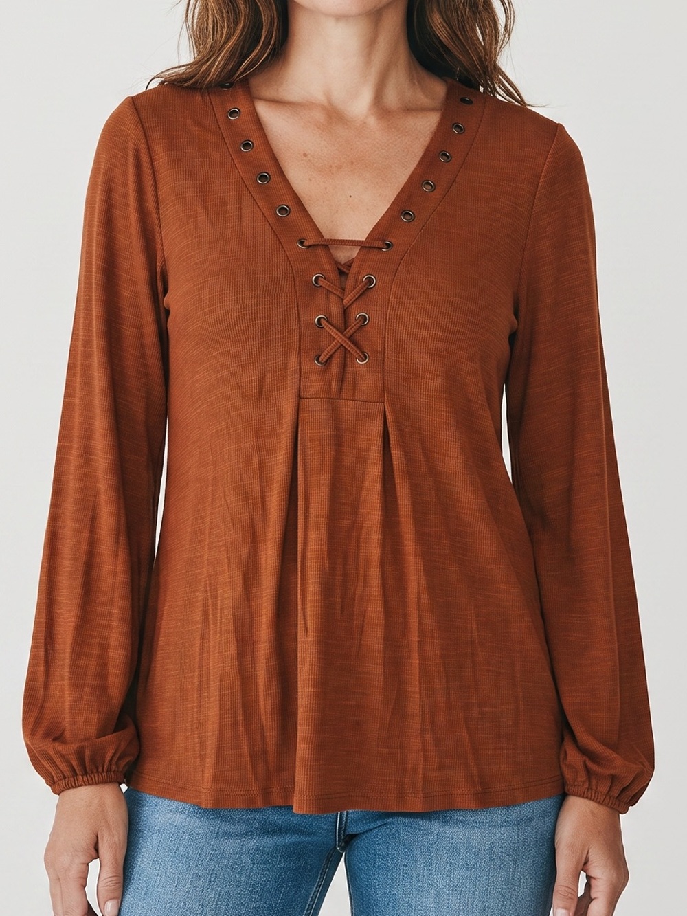 Cupio Rust Lace-Up Long Sleeve Top